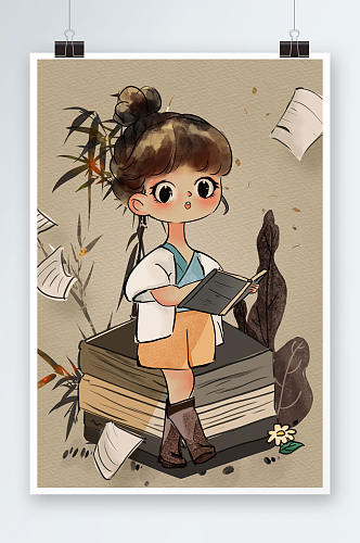 中国风可爱儿童读书阅读图书人物插画