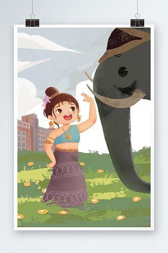 卡通大象泰国旅游风光插画