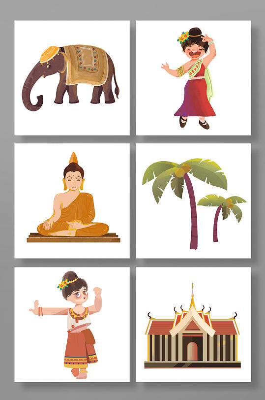手绘椰子树大象泰国旅游元素插画