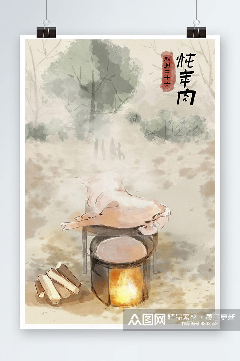 中国风年前习俗杀年肉插画背景图素材