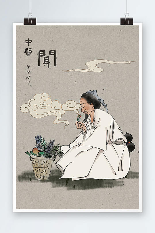 中国风望闻问切中医文化闻草药人物插画