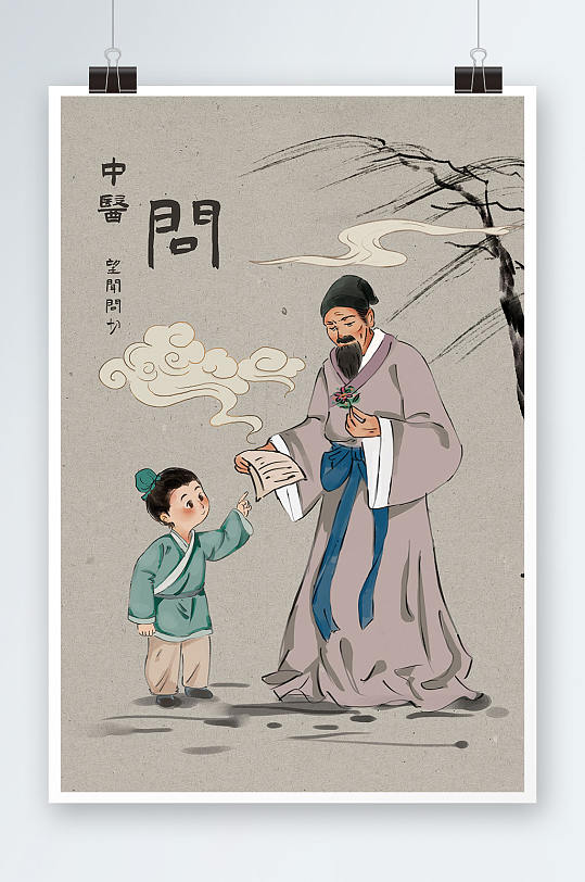 中国风望闻问切中医文化问人物插画