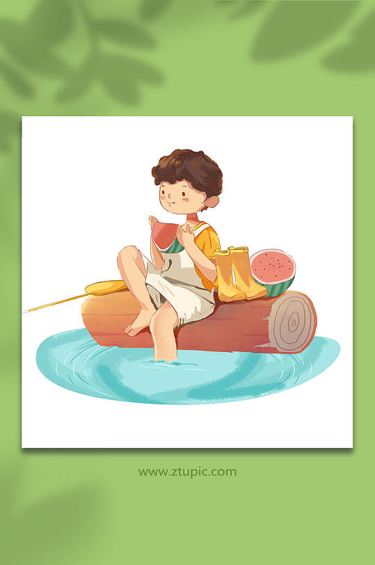 夏日泡水吃西瓜清凉大暑节气人物插画
