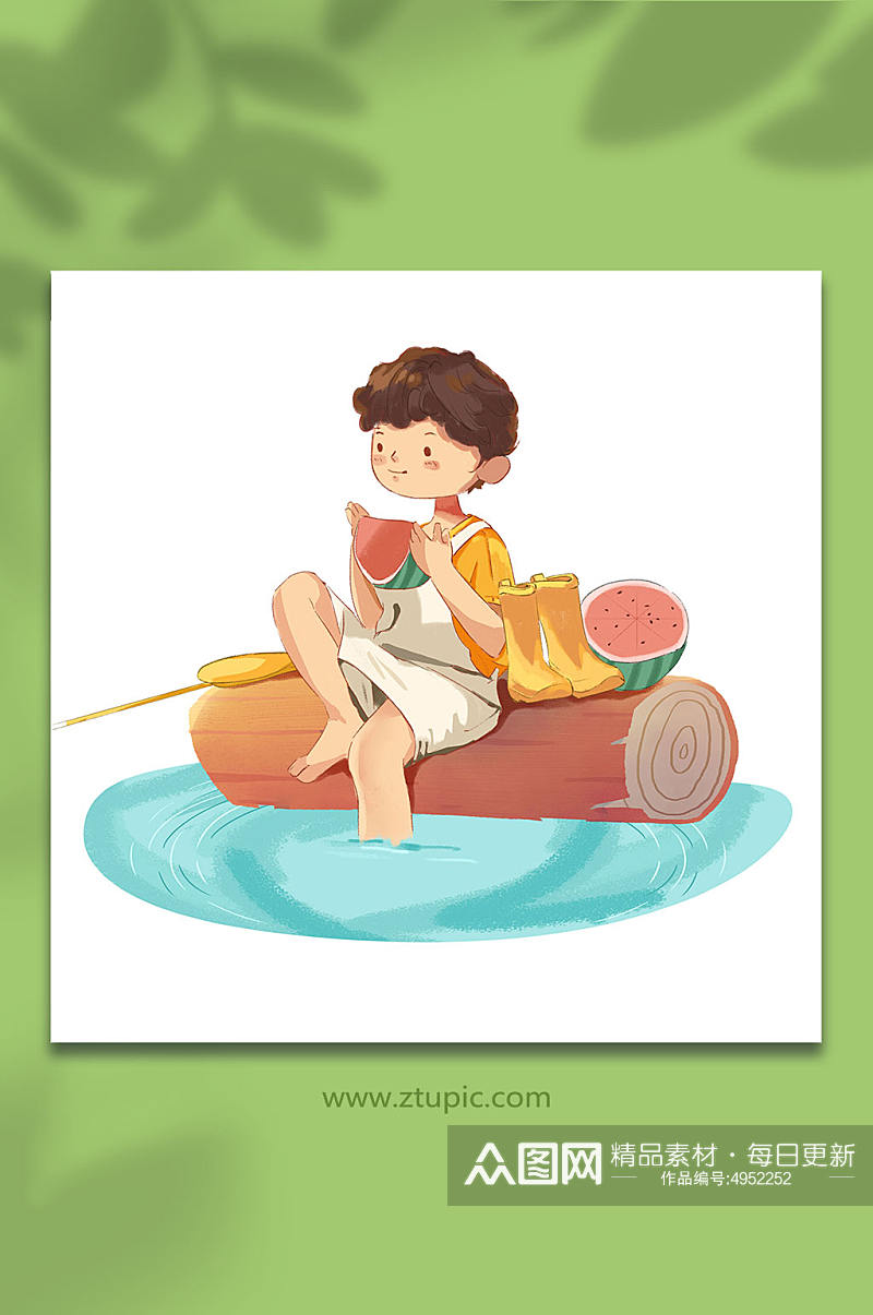 夏日泡水吃西瓜清凉大暑节气人物插画素材