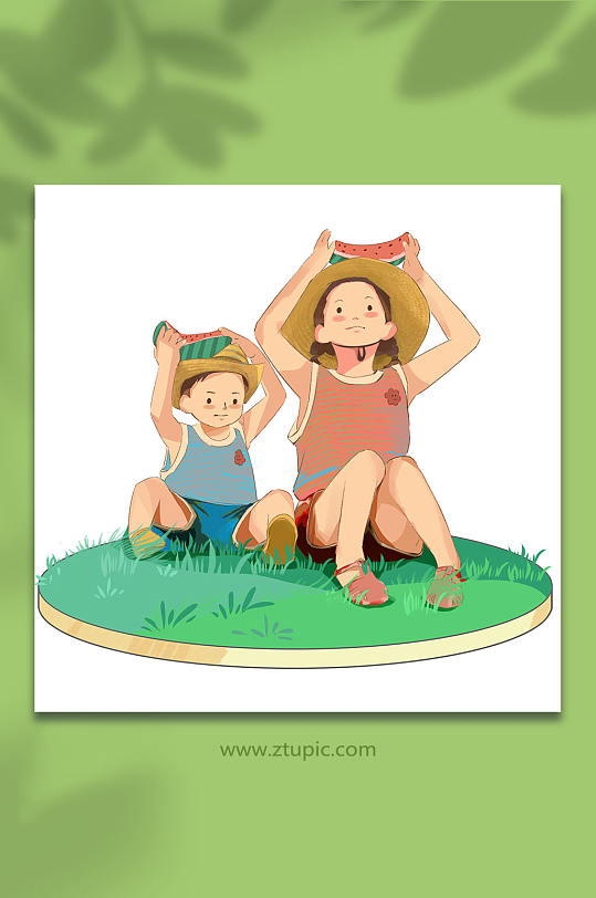 夏日夏季草地举西瓜大暑节气儿童插画