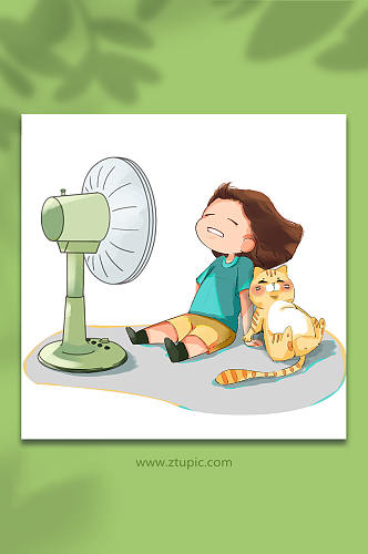 夏日大暑节气猫咪陪伴吹风扇人物插画