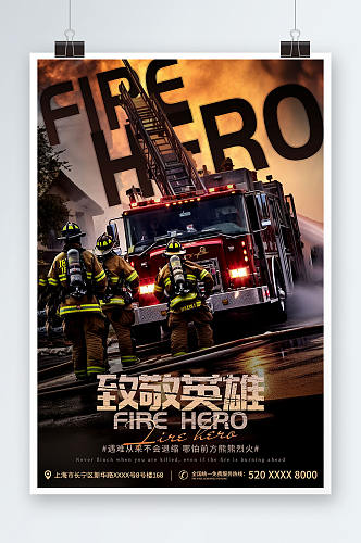 创意致敬消防员烈火英雄消防安全宣传海报