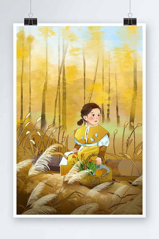 可爱小女孩坐树林里立秋节气秋季人物插画