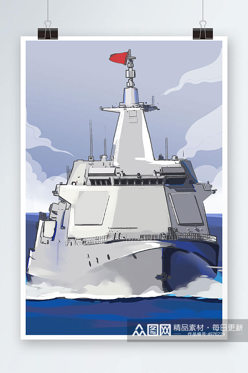部队军人爱国军舰插画背景图素材