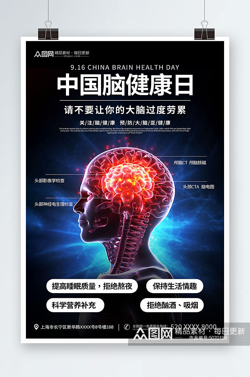 深蓝色中国脑健康日宣传海报素材