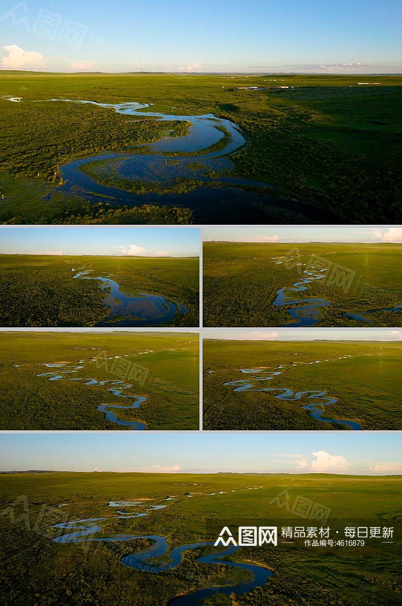 5k航拍夕阳下的千里草原及草原上的溪流素材