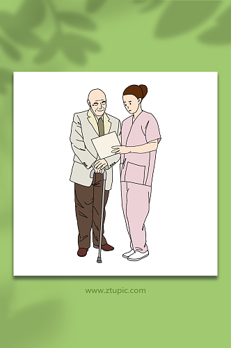 老人与护士人物元素插画
