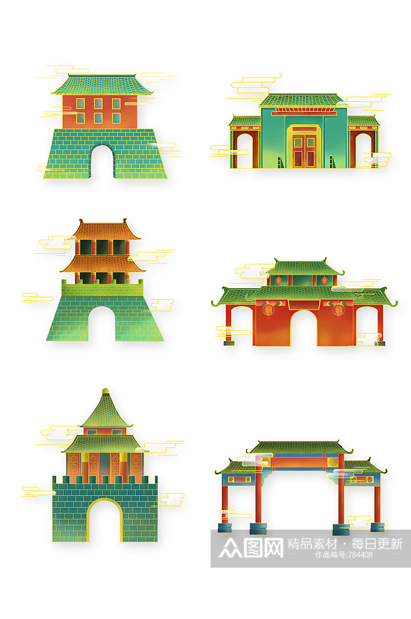 手绘小清新中国风传统建筑城门素材