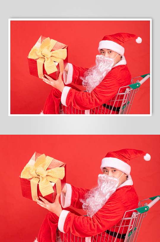 坐在购物车里送礼物的圣诞老人摄影图
