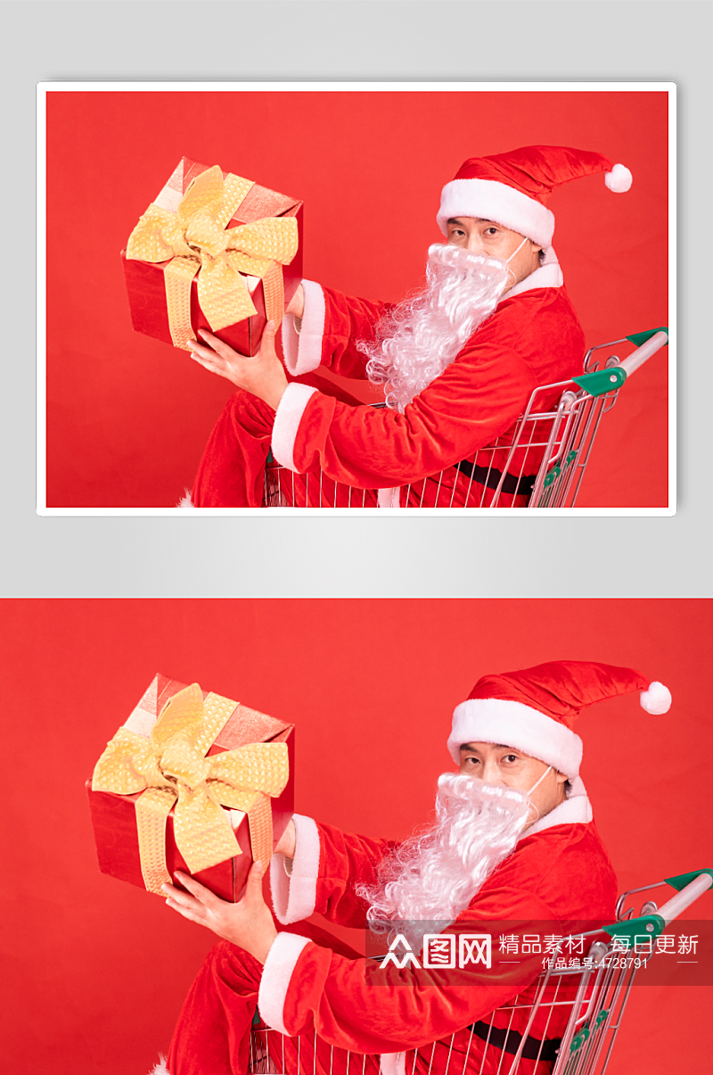 坐在购物车里送礼物的圣诞老人摄影图素材