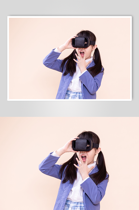 戴VR眼镜的小学生小女孩摄影图