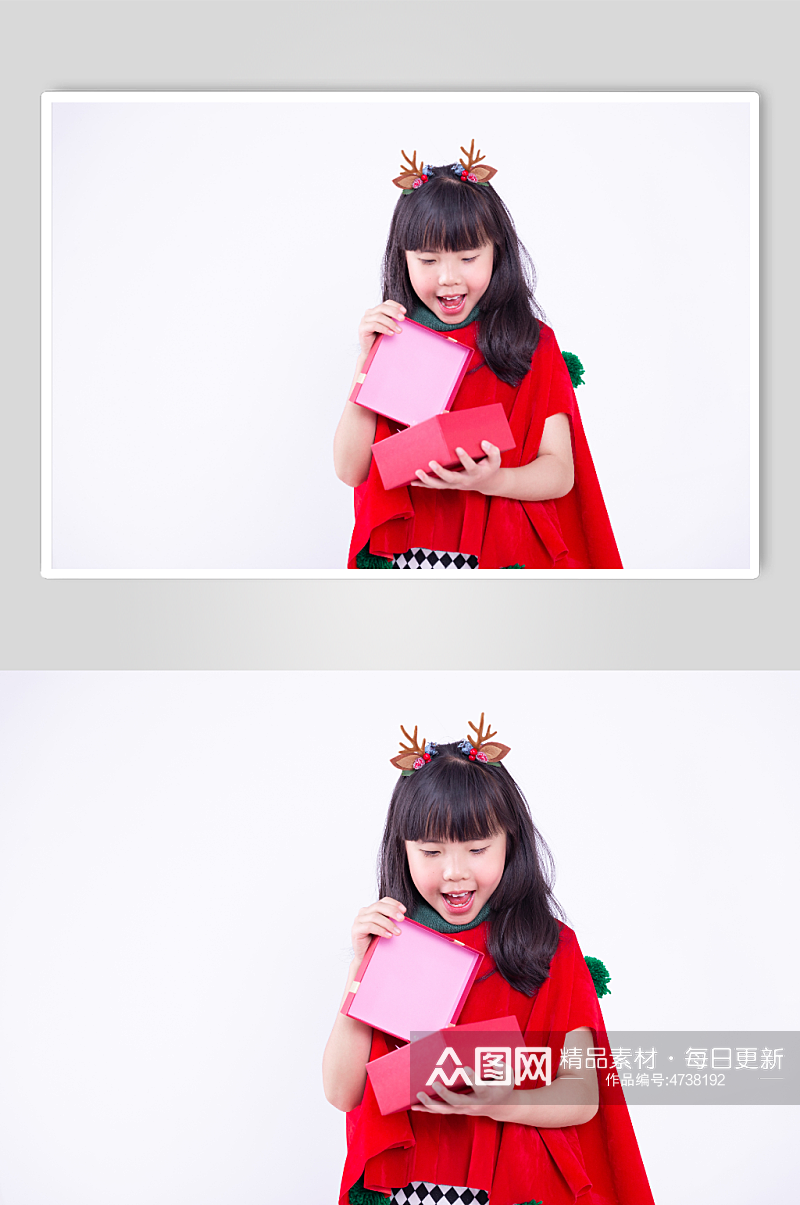 抱着礼物盒的圣诞小女孩摄影图素材