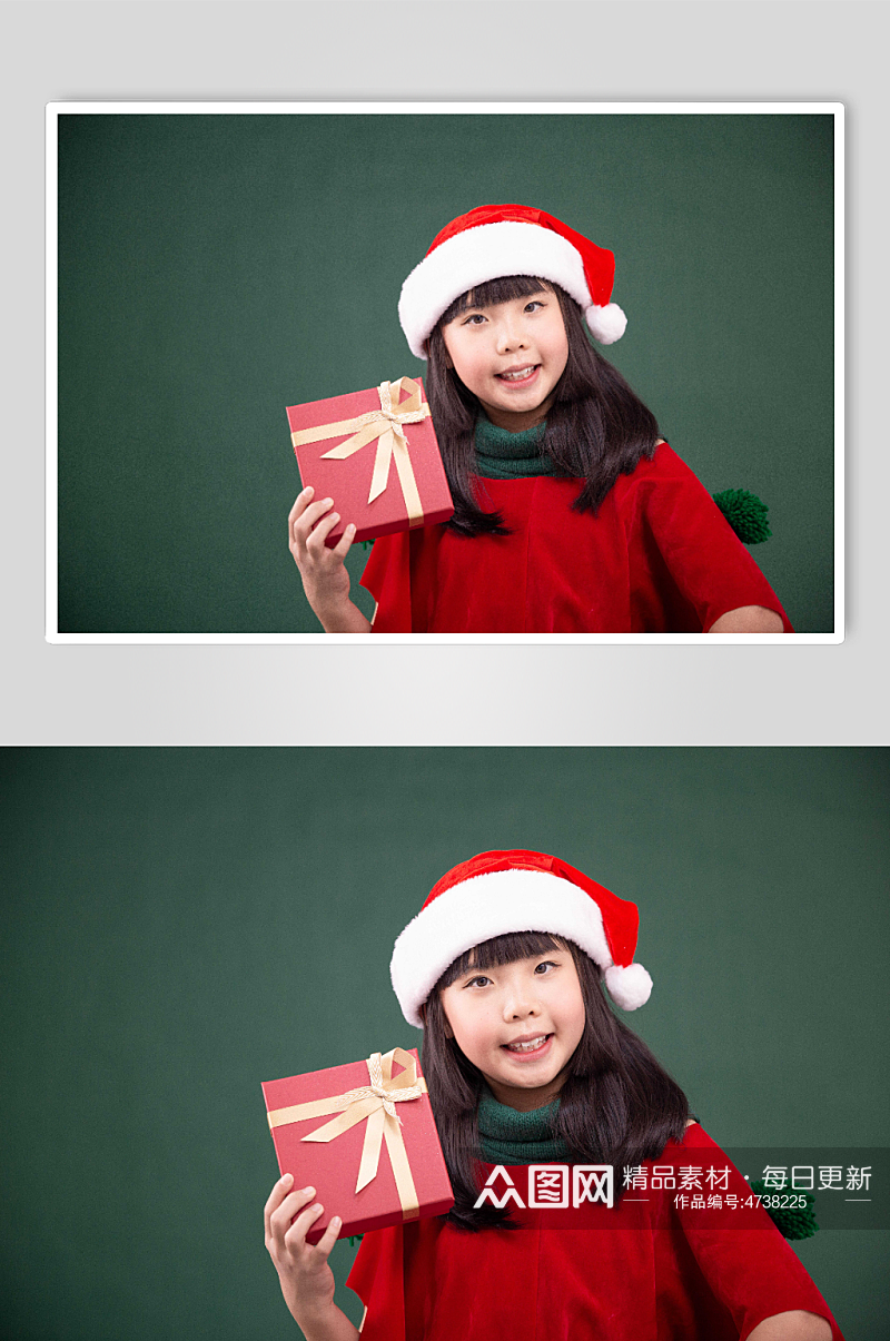 拿着礼物盒的圣诞小女孩摄影图素材