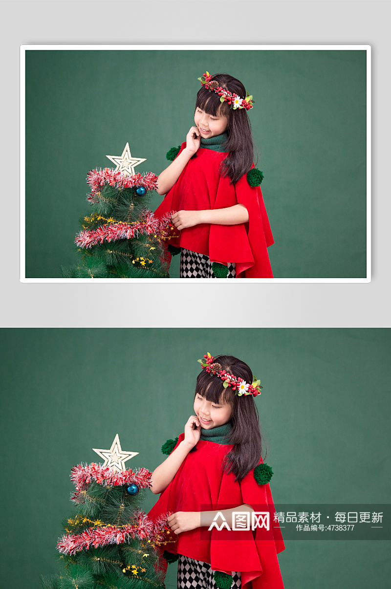 圣诞树旁可爱的圣诞小女孩摄影图素材