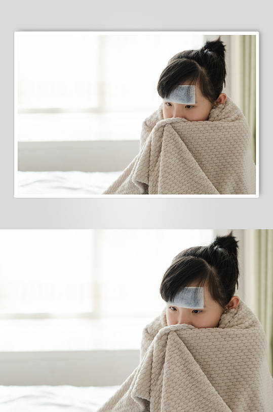 裹着毯子的小女孩春季流感人物摄影图