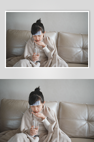 发烧生病吃药的小女孩春季流感感冒人物摄影图