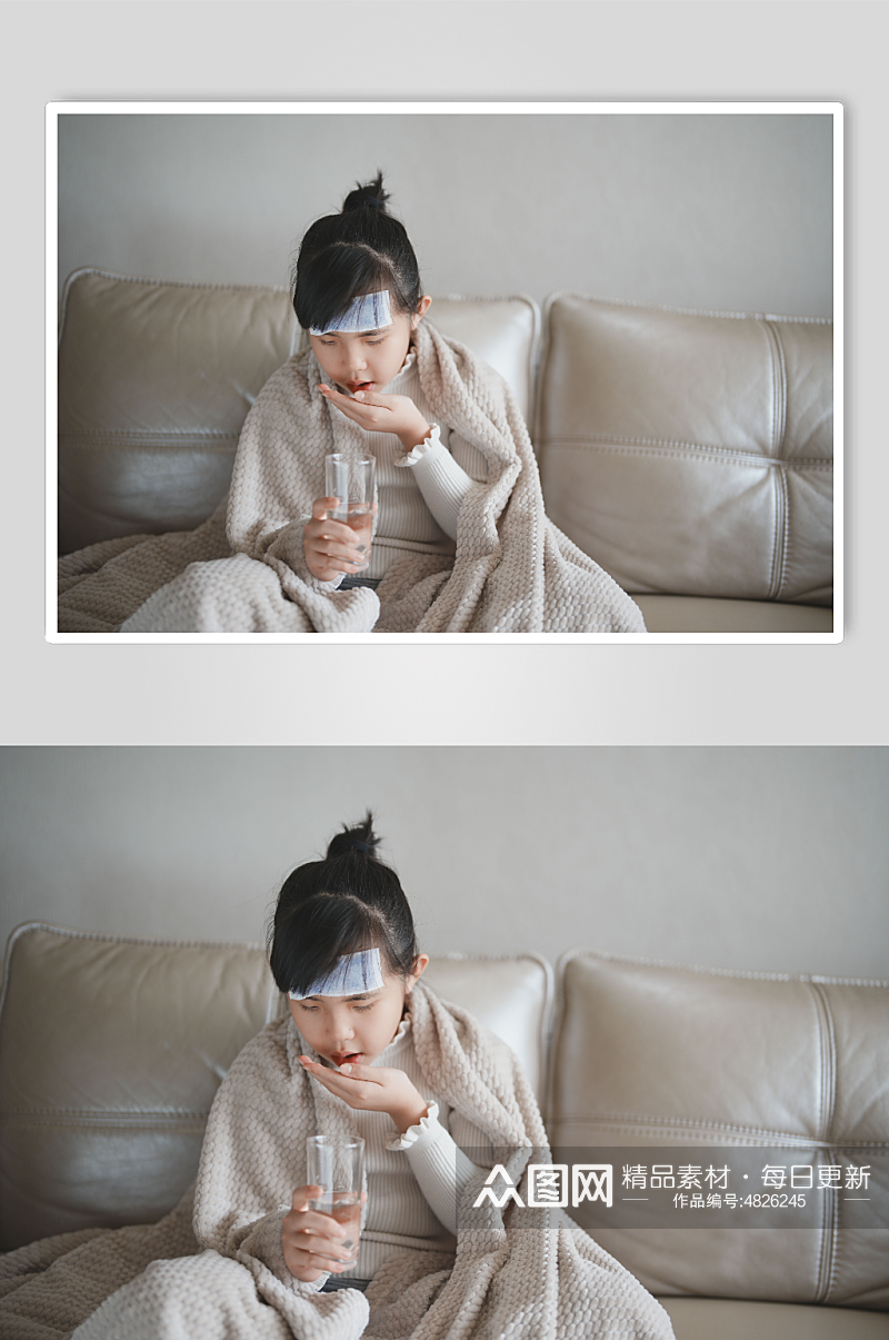 发烧生病吃药的小女孩春季流感感冒人物摄影图素材