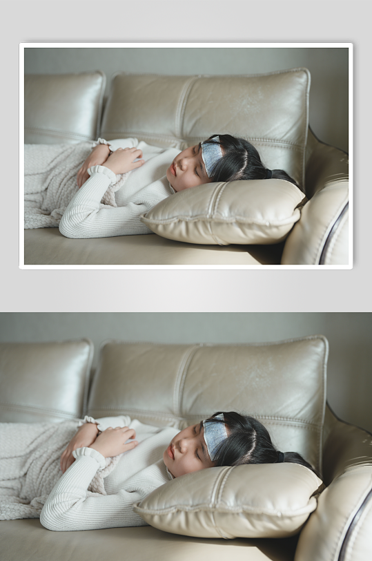 退烧贴休息的小女孩春季流感人物摄影图