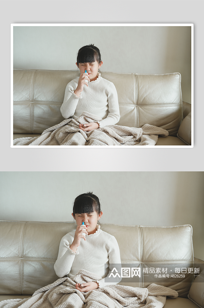 使用喷鼻器的小女孩鼻炎感冒春季流感人物摄影图素材