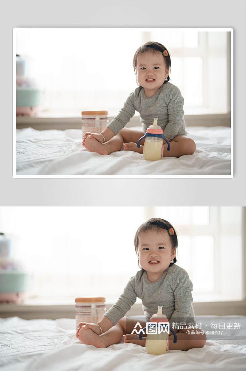 坐在床上喝奶粉的小宝宝人物摄影图素材