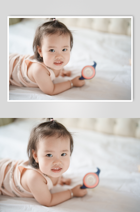 趴在床上喝奶粉的婴儿摄影图-众图网