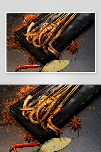 烤鱿鱼须海鲜烧烤摄影图