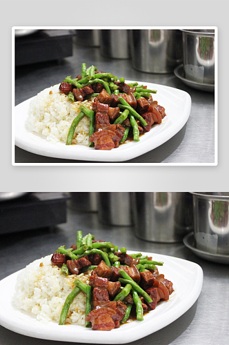 长豆角红烧肉盖饭美食高清摄影图