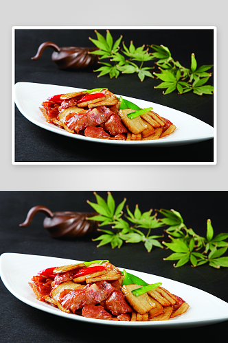 杏鲍菇炒培根肉高清摄影图