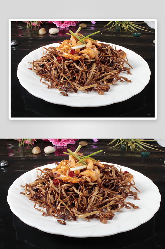 茶树菇炒海鲜高清摄影图