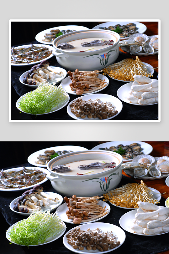 汤锅类羊肉羊杂组合汤锅火锅配菜摄影图