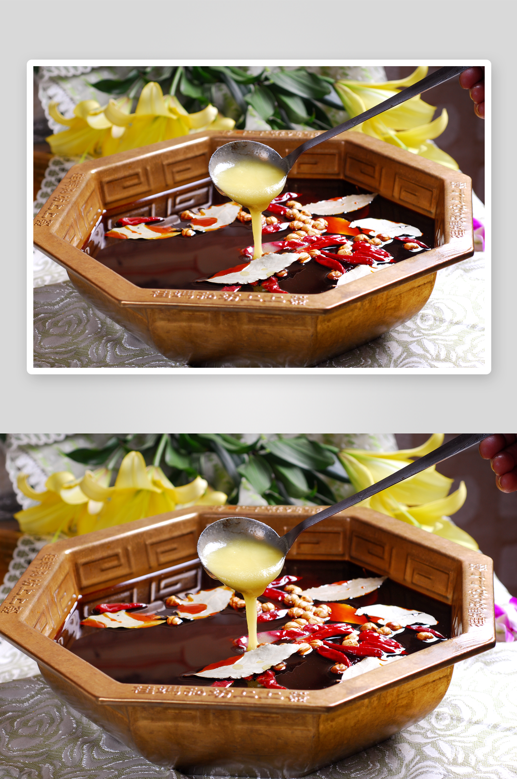 红汤土鸡油锅底火锅配菜摄影图素材