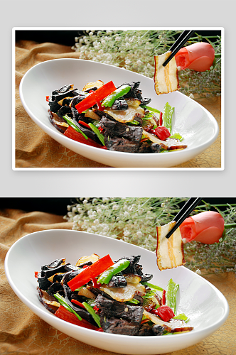 虎掌菌炒腊肉美食高清摄影图