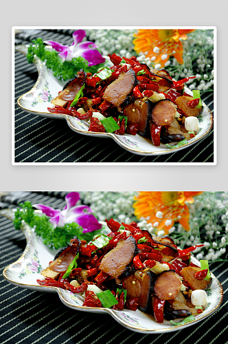 大蒜干椒炒腊肉美食高清摄影图