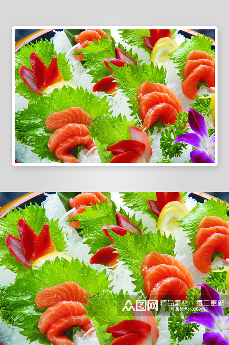 鲜三文鱼拼盘北极贝美食高清摄影图素材