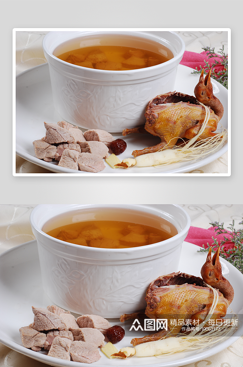 鲜人参炖老鸽汤元份美食高清摄影图素材