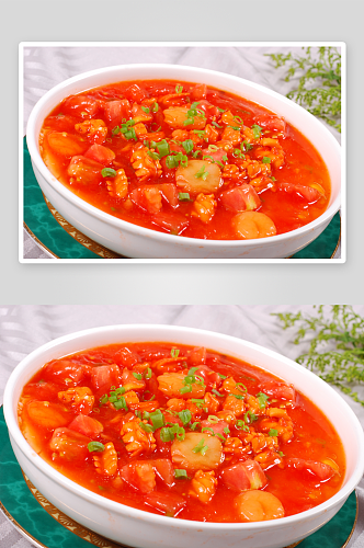 番茄海鲜煮山水豆腐元例美食高清摄影图