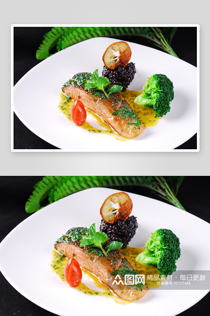 主菜麦列尔三文鱼排配黑米美食高清摄影图素材