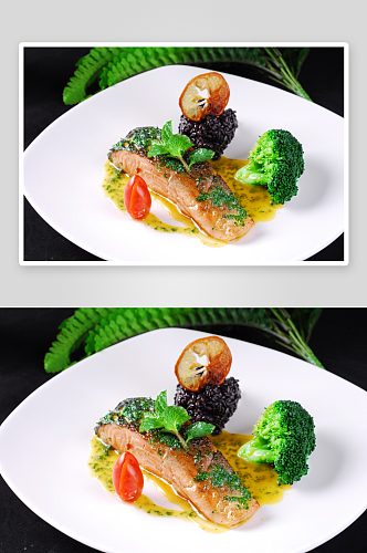 主菜麦列尔三文鱼排配黑米美食高清摄影图