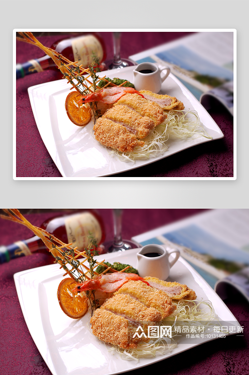主菜黄金千层炸猪排配大虾美食高清摄影图素材