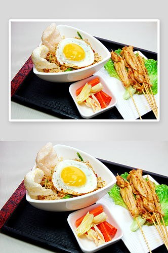 印尼炒饭配沙爹鸡肉串美食高清摄影图