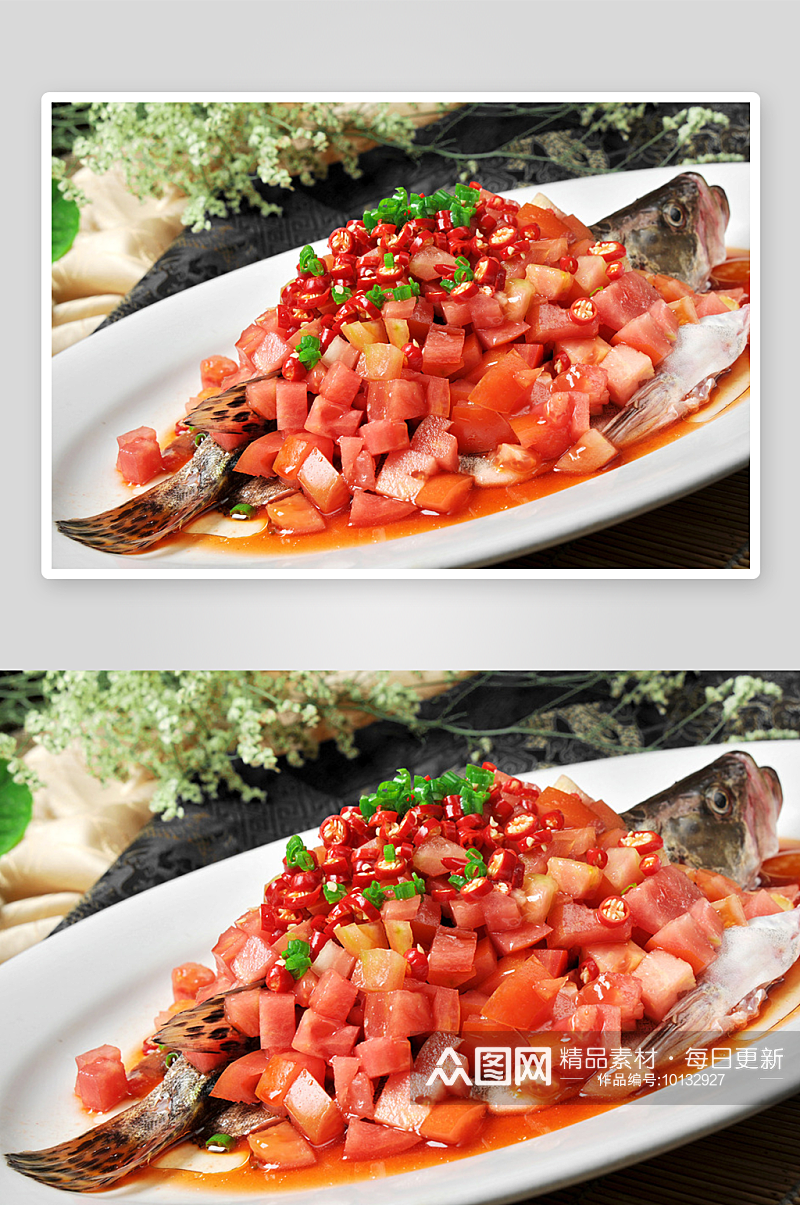 番茄蒸桂鱼美食高清摄影图素材