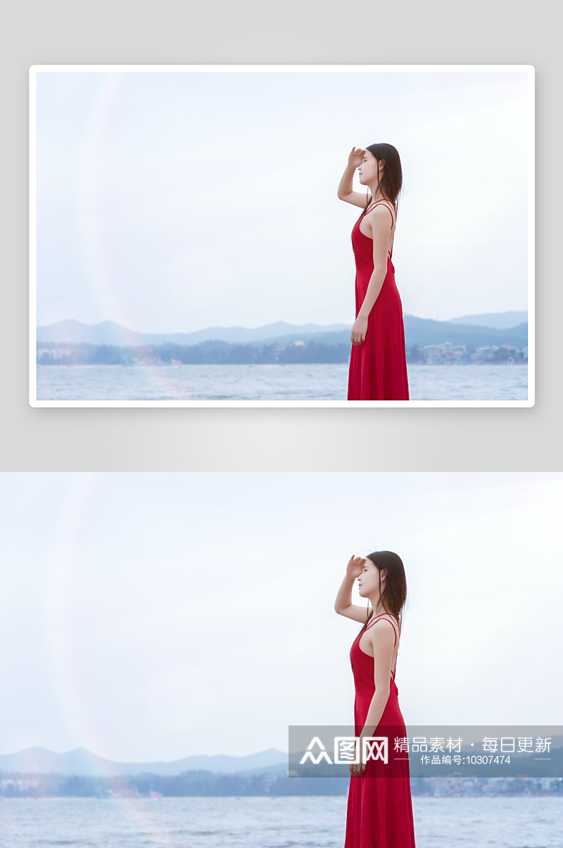 深圳较场尾海边礁石上的红衣少女眺望远方侧素材