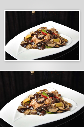 香菇炒肉片美食高清摄影图
