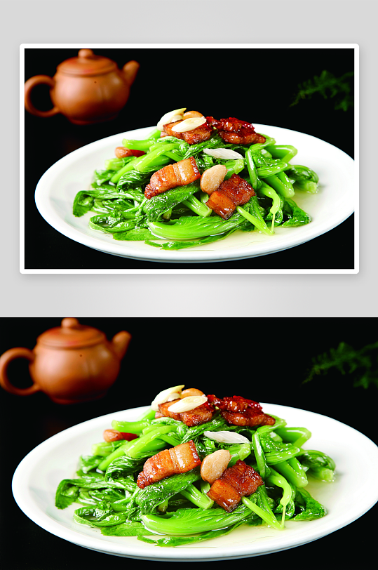 煸肉炝芥菜苗美食高清摄影图