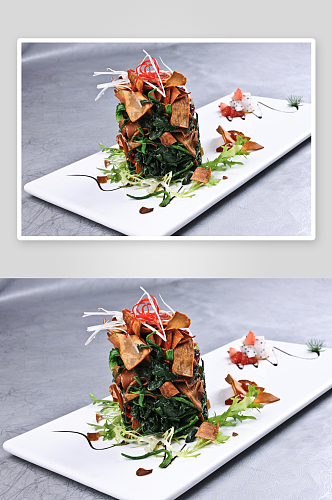 果王烤蘑菇炒菠菜美食高清摄影图